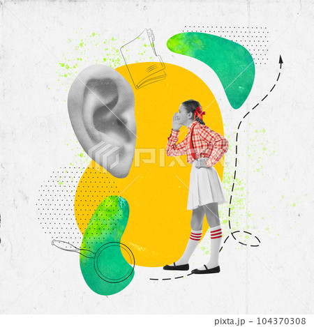 Neat school little girl speaking something to huge ear. News, gossip. Concept of back to school, happy childhood, education, studying Neat school little girl speaking something to huge ear. News, gossip. Concept of back to school, happy childhood, education, studying 104370308
