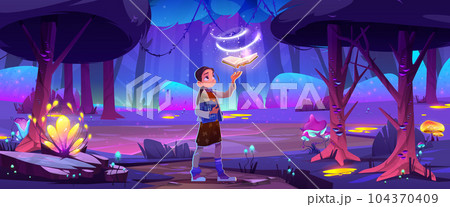 Teen girl looking at magic book flying in air 104370409