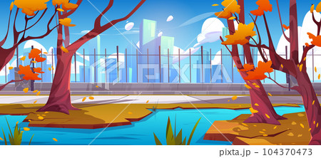 Autumn city park with pond and path near fence Autumn city park with pond and path near fence 104370473