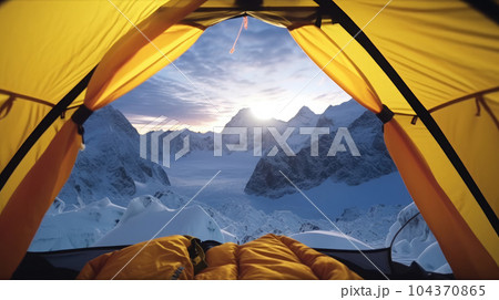 camp in the Everest mountains during sunrise 104370865