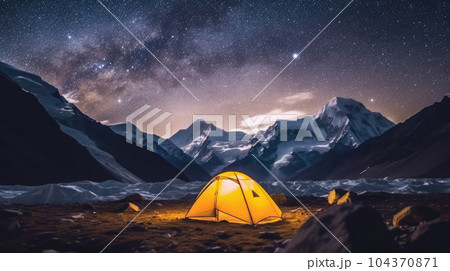 tent in the Everest mountains at night and the milky way landscape 104370871