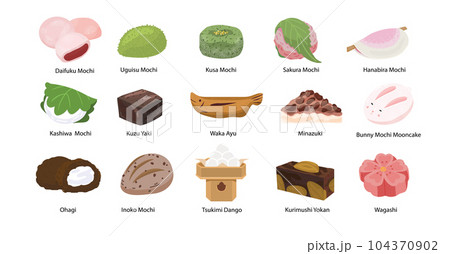 Set of japanese pasrty mochi, wagashi and traditional sweets. Vector illustration 104370902