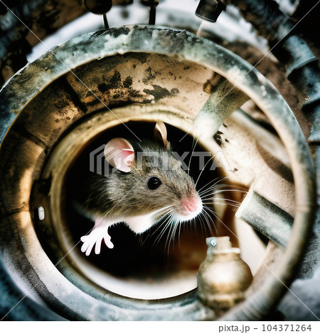 Generative AI illustration of a mouse crawling though a pipe or tunnel Generative AI illustration of a mouse crawling though a pipe or tunnel 104371264