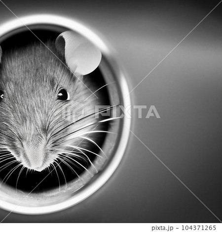 Generative AI illustration of a mouse crawling though a pipe or tunnel 104371265