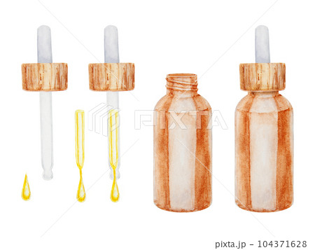 Watercolor illustration of brown glass bottle of serum, essential oil with pipette. Spa and bathroom accessories, elements for beauty salon and wellness center, cosmetology, massage and medicine 104371628