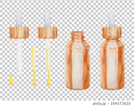 Watercolor illustration of brown glass bottle of serum, essential oil with pipette. Spa and bathroom accessories, elements for beauty salon and wellness center, cosmetology, massage and medicine Watercolor illustration of brown glass bottle of serum, essential oil with pipette. Spa and bathroom accessories, elements for beauty salon and wellness center, cosmetology, massage and medicine 104371628