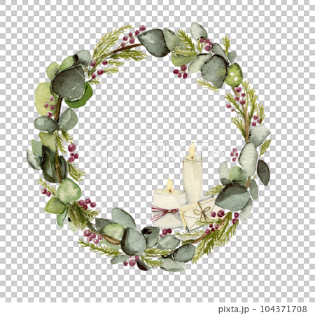 Winter wreath with watercolor dry branches, holly and red berries. Watercolor hand drawn illustration for invitations, greeting cards, prints, packaging and more. Merry christmas and happy new year. 104371708