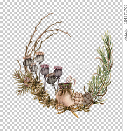 Winter wreath with watercolor dry branches, holly and red berries. Watercolor hand drawn illustration for invitations, greeting cards, prints, packaging and more. Merry christmas and happy new year. 104371709