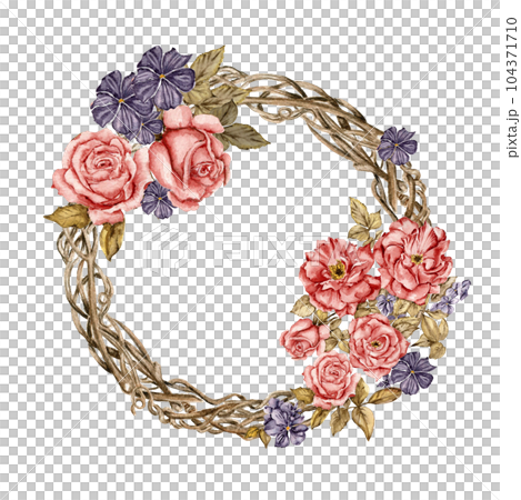 Winter wreath with watercolor dry branches, holly and red berries. Watercolor hand drawn illustration for invitations, greeting cards, prints, packaging and more. Merry christmas and happy new year. 104371710