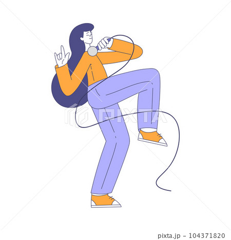 Woman Rock and Pop Singer with Microphone Singing Performing on Stage Vector Illustration 104371820
