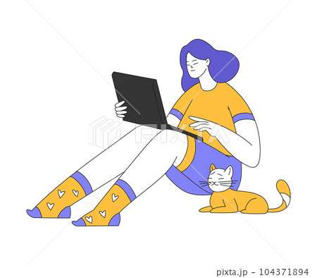 Teleworking with Young Woman in Socks Sitting with Laptop Working from Home Vector Illustration 104371894