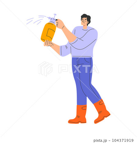 Happy Man Farmer Character in Rubber Boots Spraying with Bottle Vector Illustration 104371919