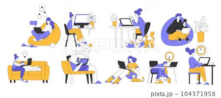 Teleworking with Young Man and Woman Working from Home Vector Set Teleworking with Young Man and Woman Working from Home Vector Set 104371958
