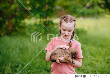 A little girl holding a little puppy in her arms. Pet. Fluffy friend. High quality photo A little girl holding a little puppy in her arms. Pet. Fluffy friend. High quality photo 104372082