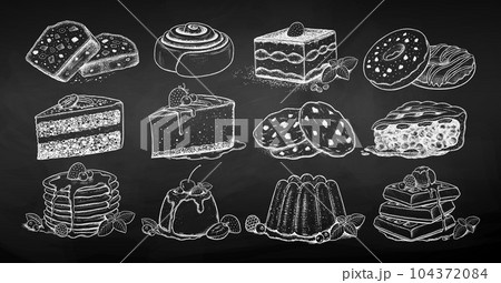 Chalkboard drawing illustration of desserts and baker Chalkboard drawing illustration of desserts and baker 104372084