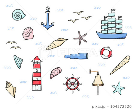 Sea set of elements, icons of sea life. Ship telescope shells, lifebuoy anchor steering wheel bull, lighthouse and seagulls. Vector illustration, symbols of sailors or pirates. Sea set of elements, icons of sea life. Ship telescope shells, lifebuoy anchor steering wheel bull, lighthouse and seagulls. Vector illustration, symbols of sailors or pirates. 104372520
