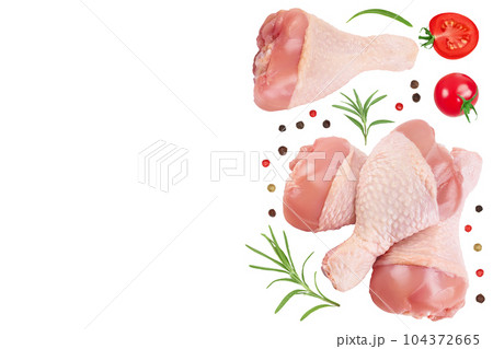Raw chicken leg or drumstick isolated on white background with full depth of field. Top view with copy space for your text. Flat lay 104372665