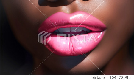 Beautiful full lips with glossy make-up, pink glitter lipstick black girl. Close-up of sexy natural lips giving kiss 104372999