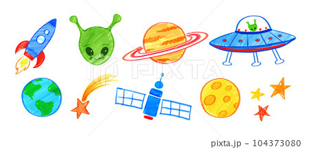 Felt pen child drawings of cute space icons 104373080