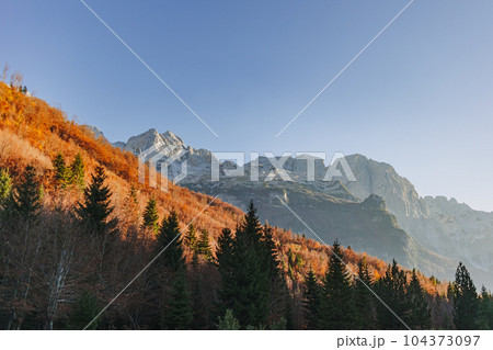 Nature valley landscape of alpine and alps in Valbone, Albania. Nature valley landscape of alpine and alps in Valbone, Albania. 104373097