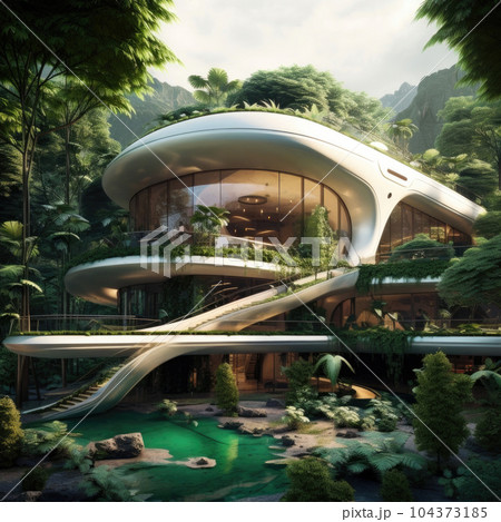 Futuristic house built in tropical forest, future architecture, house design, home, palm trees 104373185