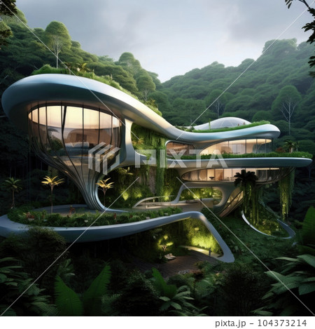 Futuristic house built in among forest and the mountains 104373214