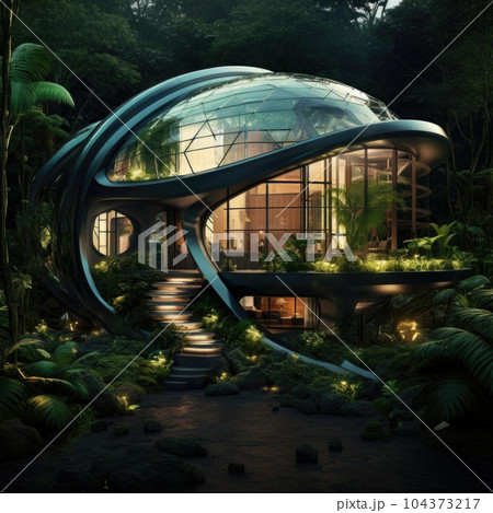 Luxurious futuristic house built in tropical forest 104373217