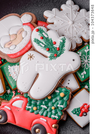 Beautiful Christmas or New Year colorful homemade gingerbread cookies 104373648
