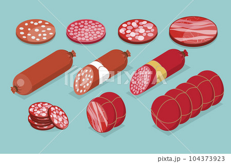 3D Isometric Flat Vector Set of Sausages and Meat Products 104373923