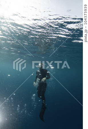 Free diver swimming up on water surface 104373939