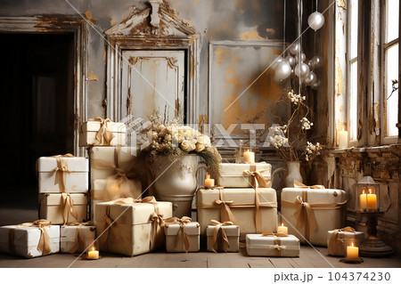 Craft gift boxes with beige bows in white antique interior. Generative AI 104374230