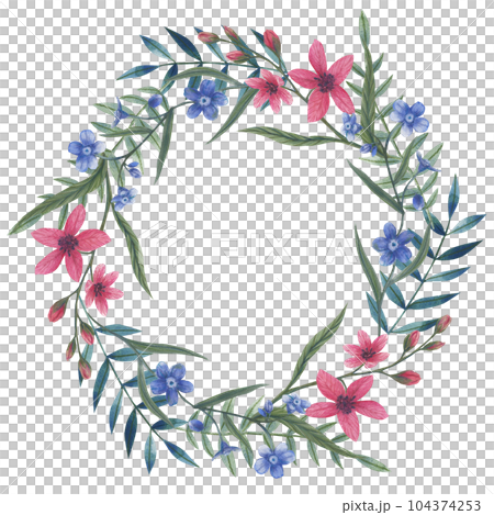 Wildflowers wreath. Watercolor floral border for greeting card and invitation. Blank space for your text. Hand-painted botanical illustration for wedding, birthday and other printing projects. Wildflowers wreath. Watercolor floral border for greeting card and invitation. Blank space for your text. Hand-painted botanical illustration for wedding, birthday and other printing projects. 104374253