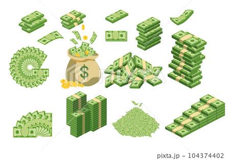 Money bag with money set. Dollar coins and banknotes. Money bag with money set. Dollar coins and banknotes. 104374402