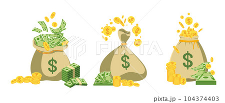 Money bag with money set. Dollar coins and banknotes. Money bag with money set. Dollar coins and banknotes. 104374403