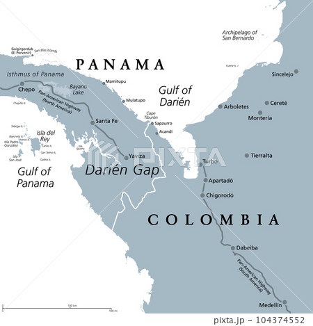 Darien Gap, gray political map. Region in the Isthmus of Panama, connecting North and South America with Central America. The gap is in the Pan-American Highway of which a part were not built. 104374552