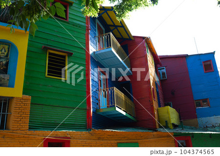 beautiful bright colorful and authentic facades of houses in the La Boca area of Buenos Aires 104374565