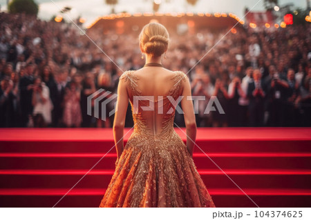 World entertainment star on the red carpet of a festival back view. Generative AI 104374625
