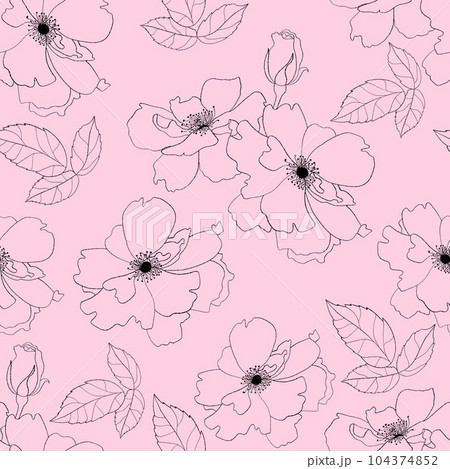 Floral seamless pattern with flower on pink background. Vector Illustration. Aesthetic modern art linear hand drawn for wallpaper, design, textile, packaging, decor. Floral seamless pattern with flower on pink background. Vector Illustration. Aesthetic modern art linear hand drawn for wallpaper, design, textile, packaging, decor. 104374852