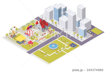 Vector flat isometric city with amusement park attractions 104374960