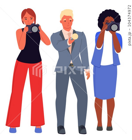 Journalists and photographer team vector illustration. News channels and radio stations workers interviewing standing isolated on white background 104374972