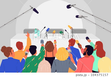 Journalists and reporters with microphone waiting for press conference Journalists and reporters with microphone waiting for press conference 104375157