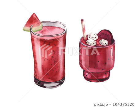Watercolor dragon fruit smoothie in glass and cocktail watermelon with fruit. Hand-drawn illustration isolated on white background. Perfect for recipe lists with drinks, brochures for cafe, bar Watercolor dragon fruit smoothie in glass and cocktail watermelon with fruit. Hand-drawn illustration isolated on white background. Perfect for recipe lists with drinks, brochures for cafe, bar 104375320