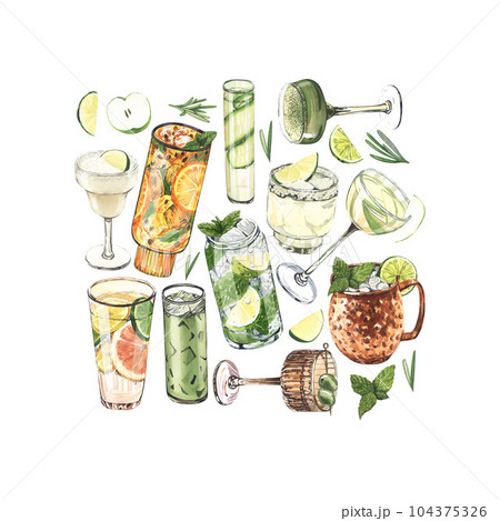 Watercolor frame, cocktail glasses: martini, gin,margarita,mojito,liquor,rum,moscow mule. Hand-drawn illustration isolated on white background. Perfect for recipe lists with alcoholic drinks, for cafe Watercolor frame, cocktail glasses: martini, gin,margarita,mojito,liquor,rum,moscow mule. Hand-drawn illustration isolated on white background. Perfect for recipe lists with alcoholic drinks, for cafe 104375326
