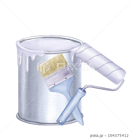 White paint is leaking jar. Roller, brush, repair tool. Making renovation. Decorating interior, repainting walls color. Hand drawn watercolor illustration isolated background 104375412