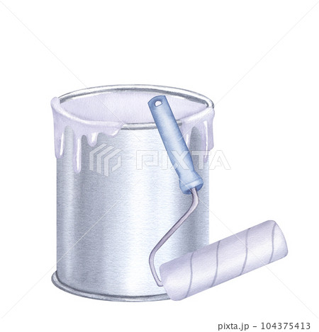 White paint is leaking jar. Roller blue handle, repair tool. Making renovation. Decorating interior, repainting walls color. Hand drawn watercolor illustration isolated background 104375413