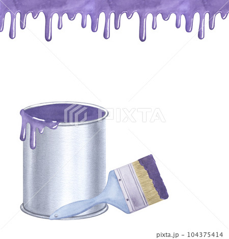 Violet paint leaking flowing iron aluminum can. Roller, blue handle, repair tool. Making renovation. Hand drawn watercolor illustration isolated white background. Design element 104375414