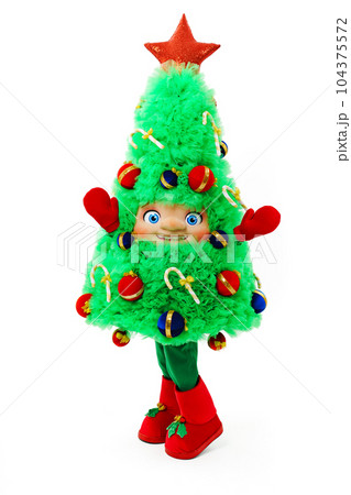 a man in a Christmas tree costume on a white background. a man in a Christmas tree costume on a white background. 104375572