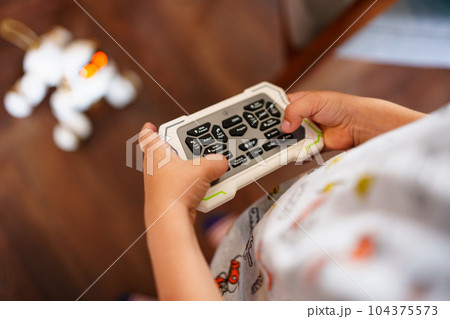 A white dog robot and a remote control in women's hands. 104375573
