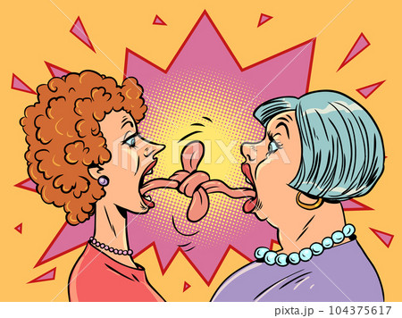 The tongue sometimes hurts more than a knife. Arguing between people does not lead to anything good. Two aged women stand opposite each other with intertwined tongues. 104375617