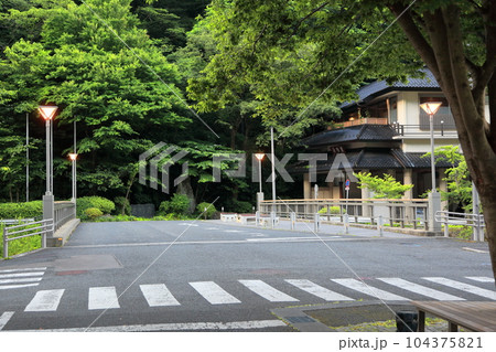 夏の朝温海温泉街風景　橋 104375821